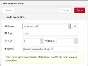 För att skicka till just blocket MQTT behöver du göra mer konfiguration, Men debug fönstret innehåller datat så du visuellt kan se att det fungerar.