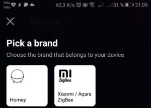 Jag kan nu välja Xiaomi / Aqara Zigbee istället för Homey när jag vill lägga till en enhet.