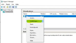 Tryck på inställningar i hyper-v manager